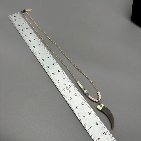 Lenora Dame Horn & Bone Claw Pendant Necklace Faceted Pink Glass Beads 18KGP USA - Picture 13 of 13